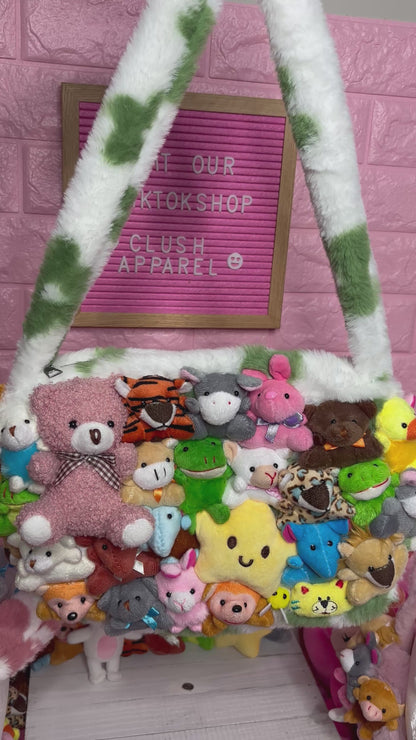 Clush Apparel Fluffy Stuffed Animal Clutch Purse – Green Flower Kawaii Plush Festival Bag Concerts Holidays Birthday Gifts HANDMADE